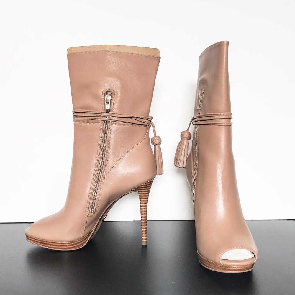 MICHAEL KORS Rosalie Dark Khaki Leather Open-Toe Mid-Calf Boot